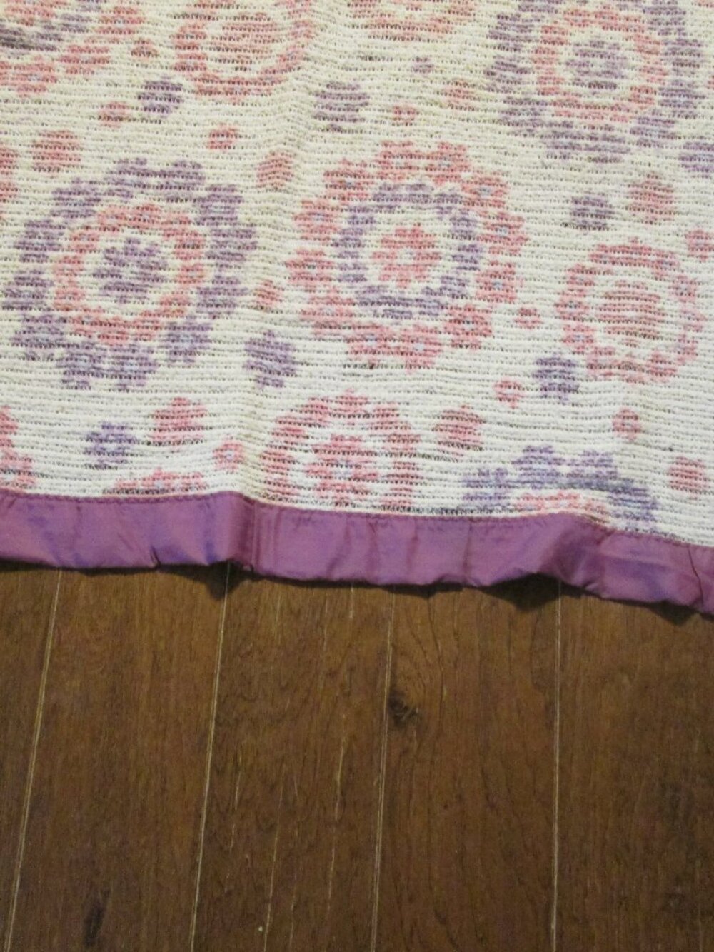 BOHO 70s acrylic waffle  weaved purple satin trim blanket bold floral print